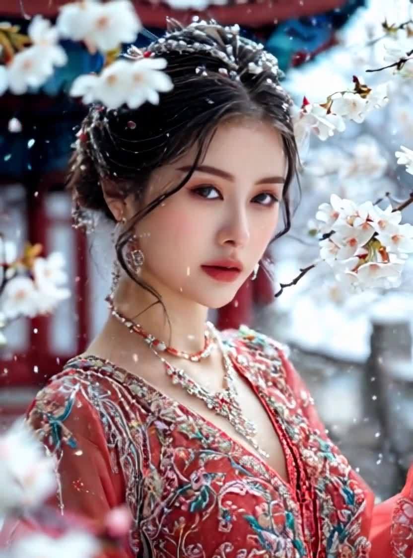 雪花环绕下的古典美人与盛开的白花