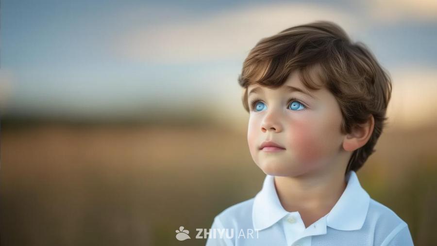 一个大约五岁的男孩，他有蓝色的眼睛和棕色的头发，身
