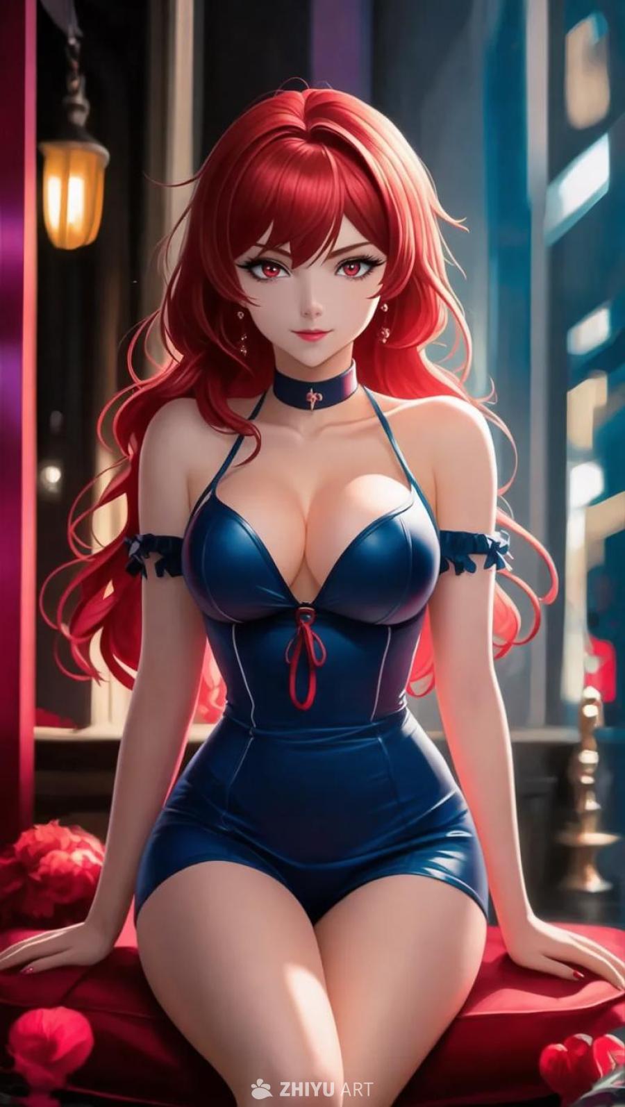 一个动漫风格的红发女子坐在红色垫子上，她穿着一件蓝