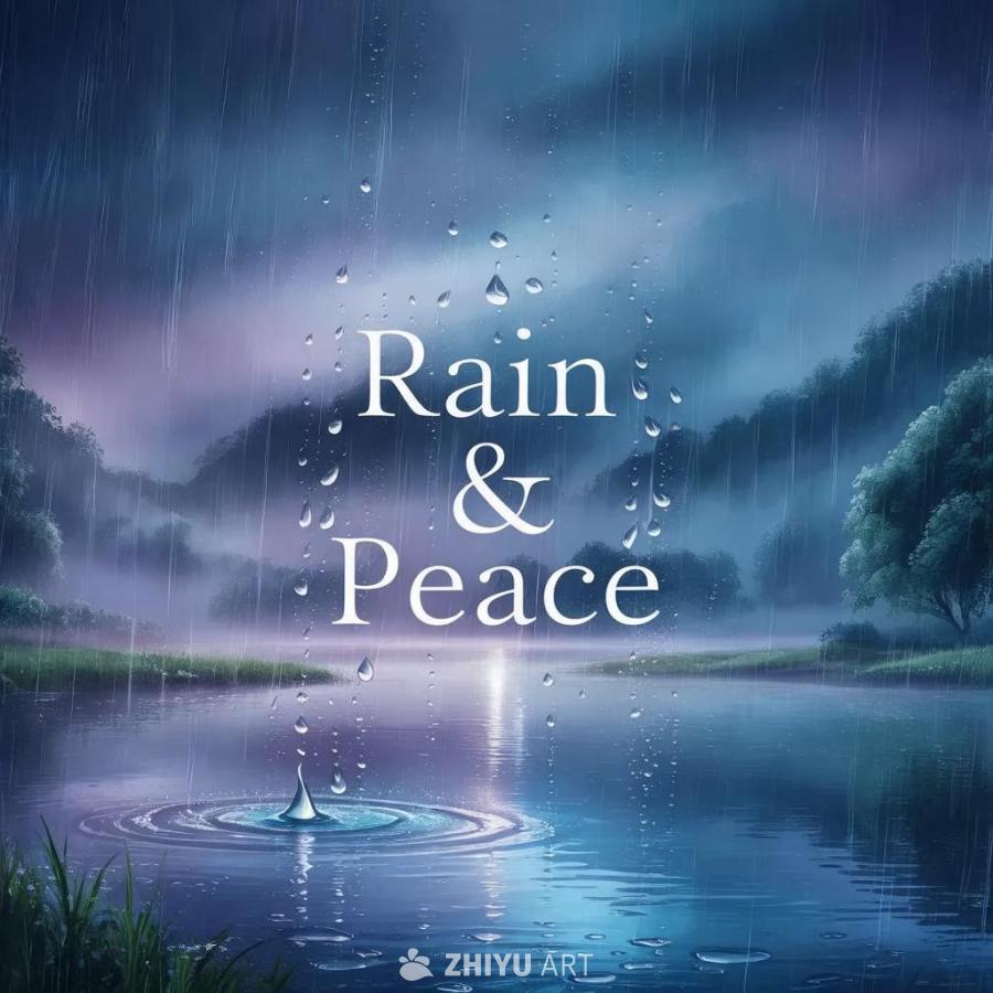 宁静的风景中，雨滴轻轻落下，水面平静，几滴雨水溅起