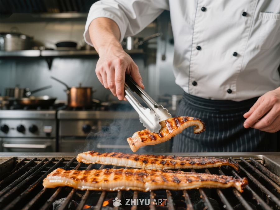 厨师正在烤制鱼肉