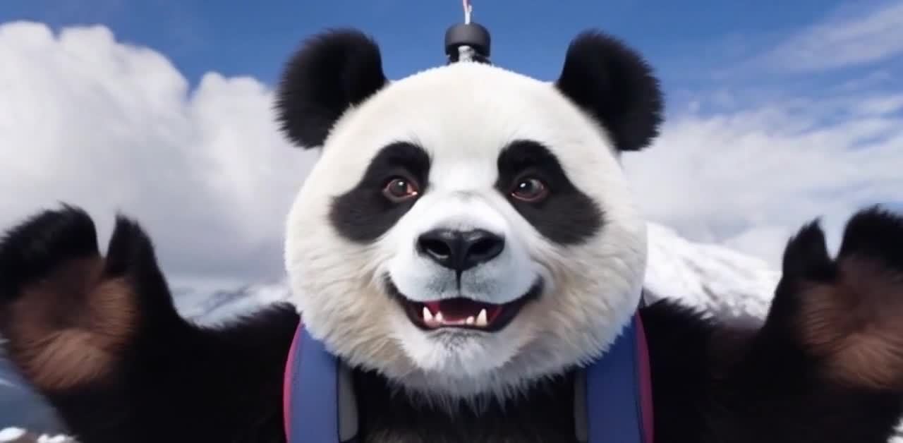 熊猫戴装备在雪山前微笑：冒险之旅即将开始