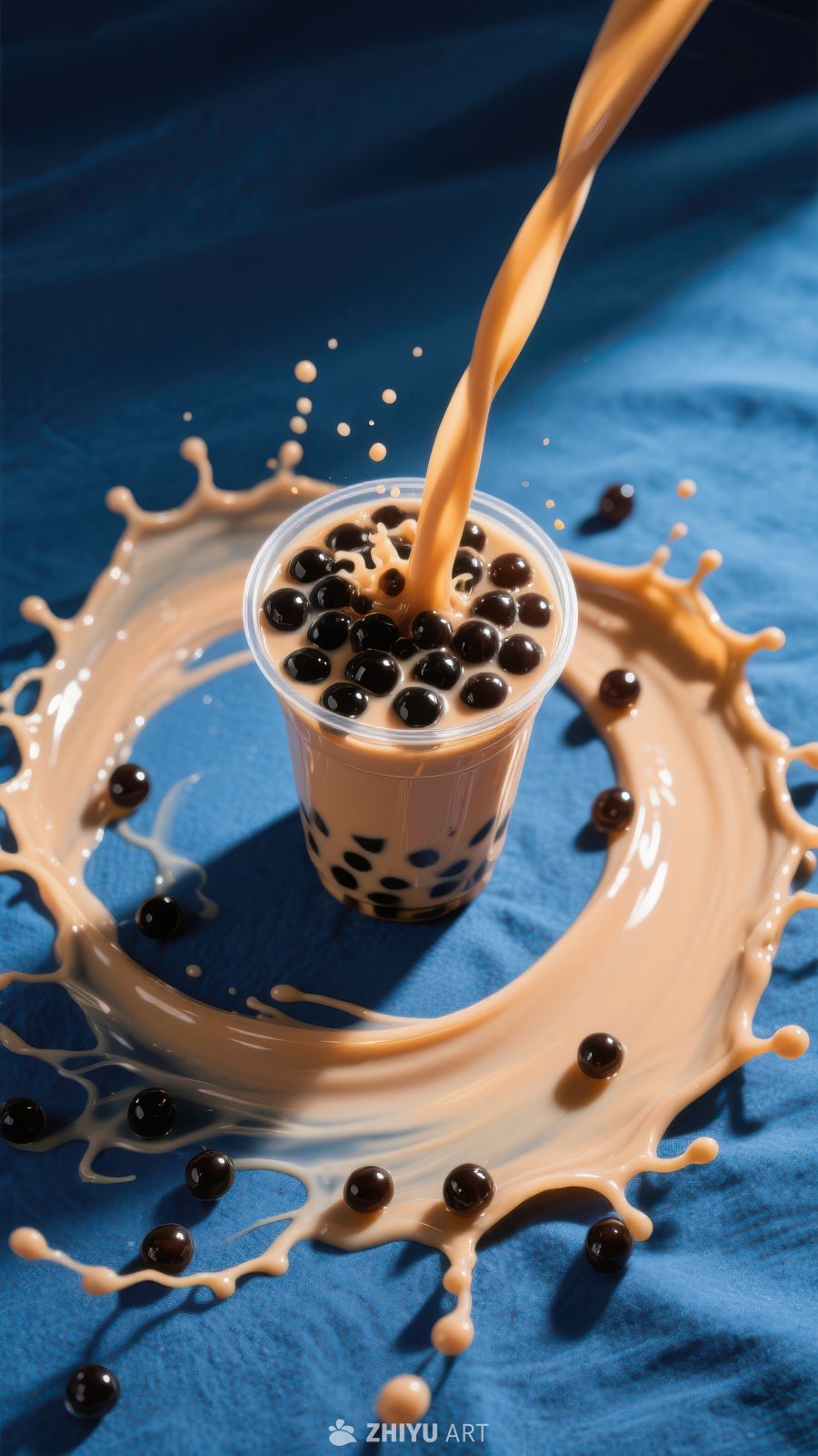 奶茶倾泻入杯，珍珠四溅
