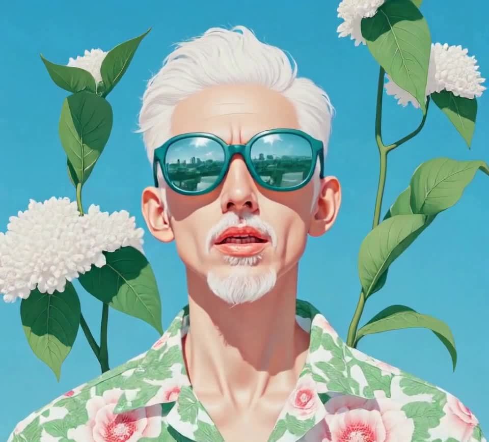 一位戴着绿色太阳镜的白发男子，穿着印有花卉图案的衬
