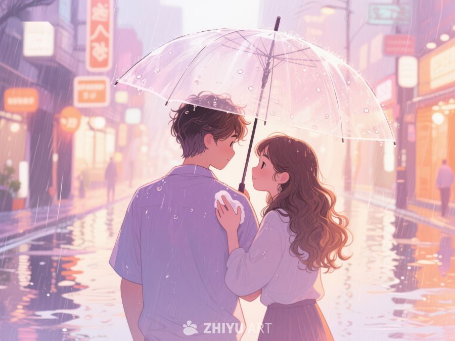 雨中情侣共享透明伞温馨时刻 1168