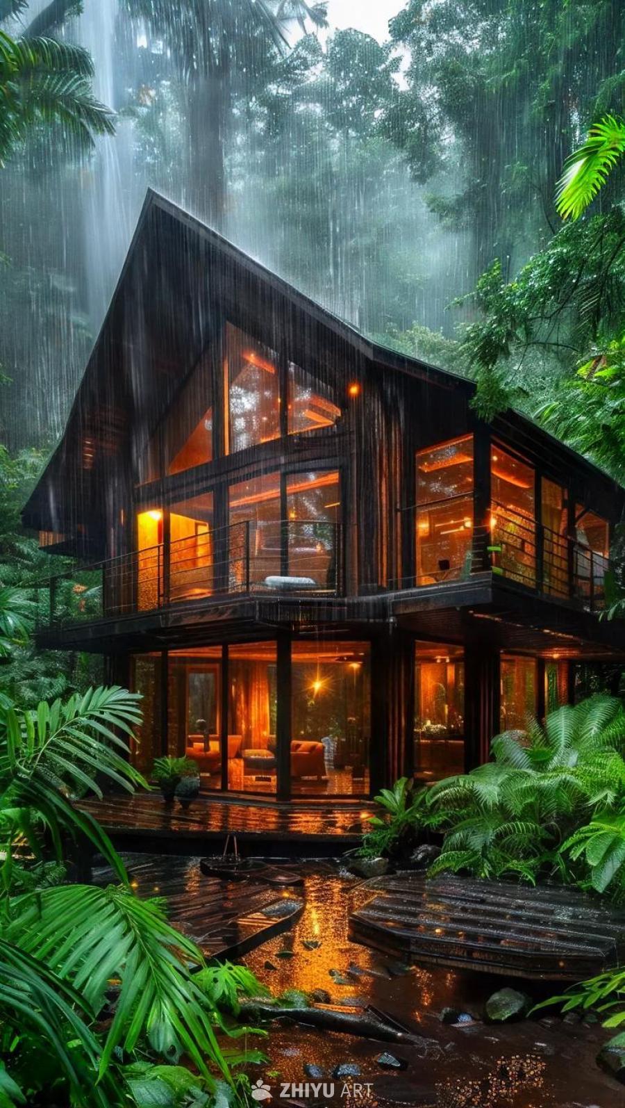 雨林中，一栋小木屋被笼罩在阴沉的气候下。房屋为两层