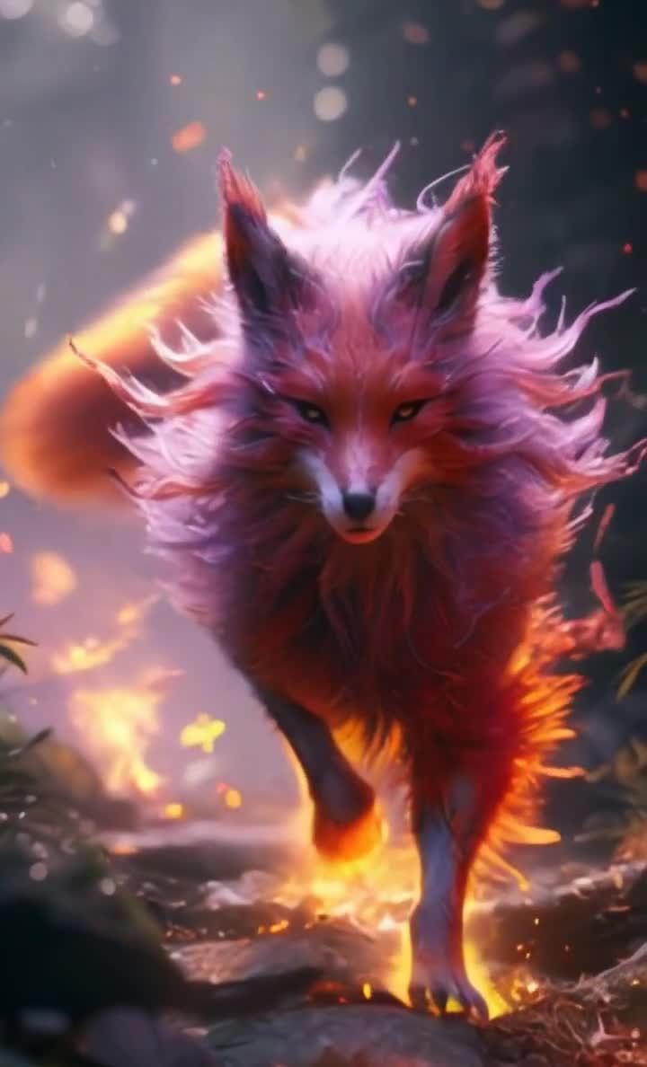 红紫色毛发狐狸奔跑，火焰光点萦绕四周。