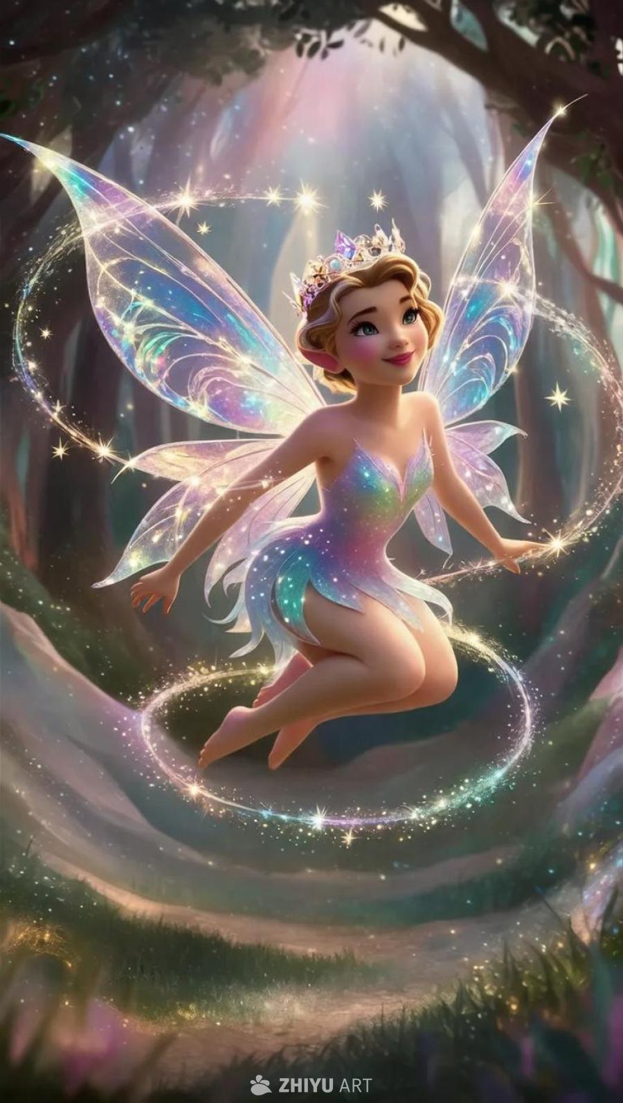 一个闪耀的、空灵的仙女在奇幻的星光闪烁的天空中优雅