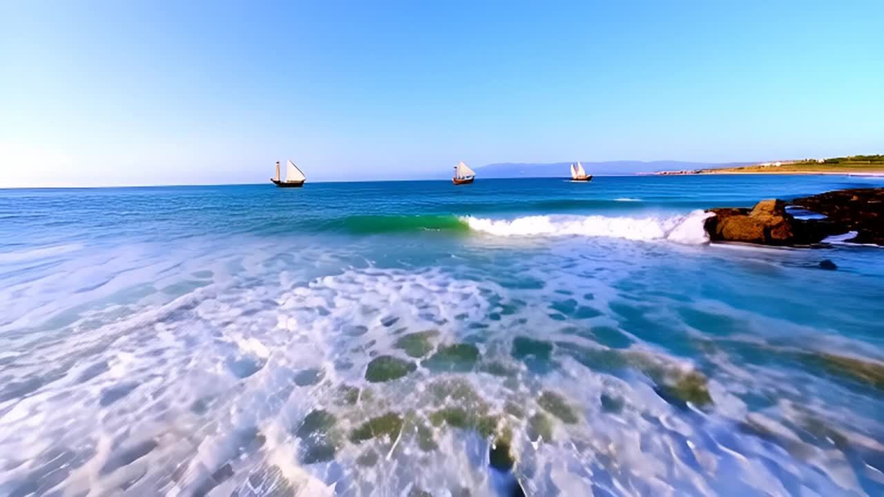 波涛汹涌的海浪拍打着沙滩，白色的泡沫飞溅到空中。远