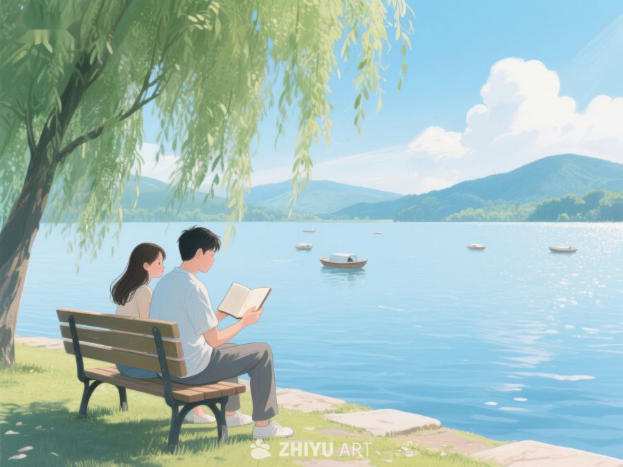 湖畔树荫下，两人静享阅读时光 308