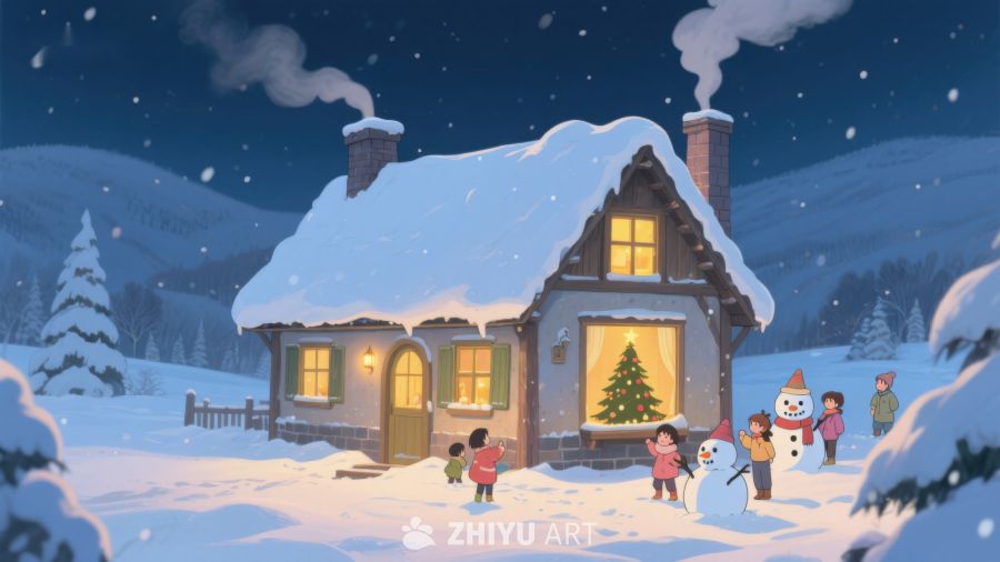 冬夜温馨小屋与雪地欢聚 82