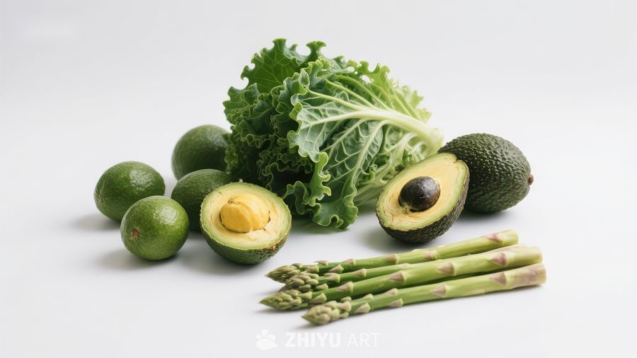 绿色食材组合：牛油果、芦笋、青柠与生菜