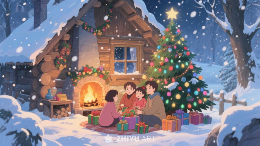 雪夜温馨圣诞树前的家庭聚会 385