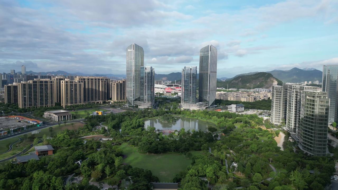 航拍台州城市风光地标建筑