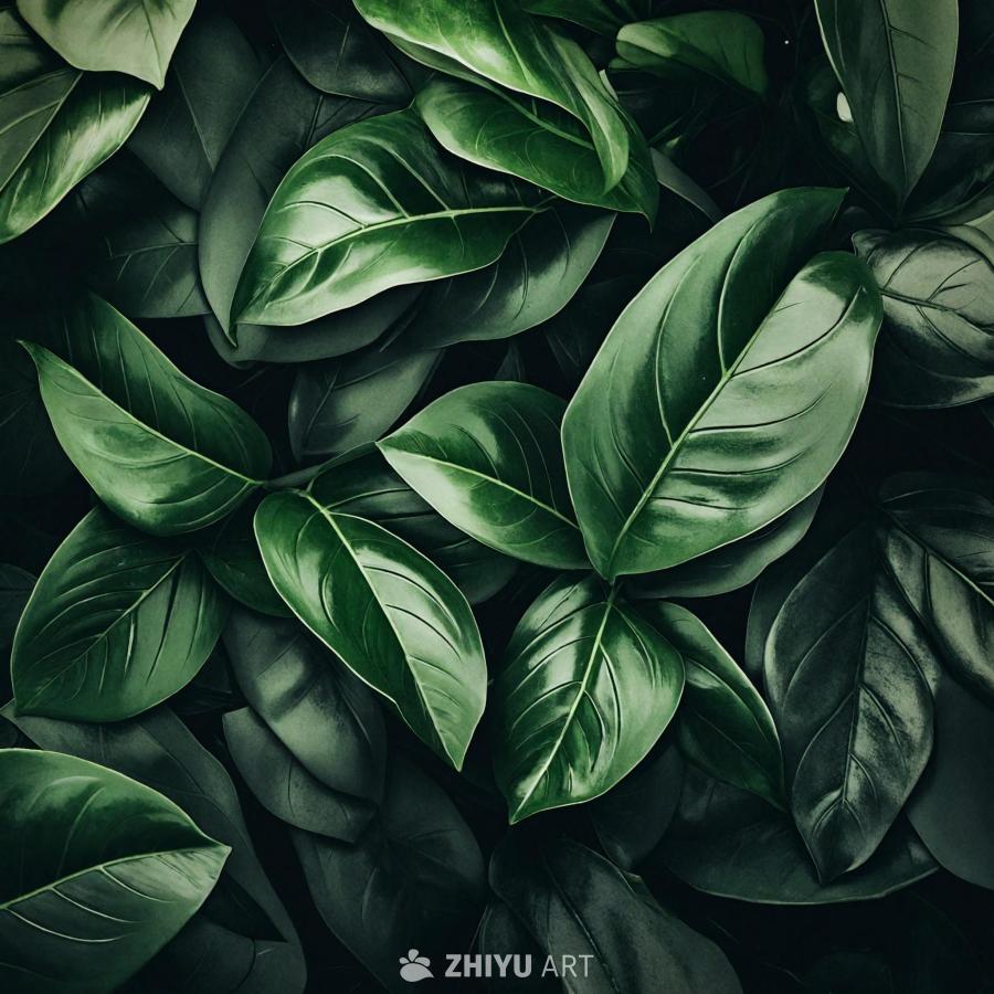 一片绿叶植物的特写，拥有各种大型的绿色叶子。这些叶