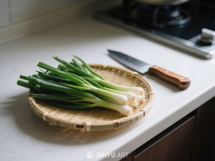 厨房台面上的葱与刀具 79