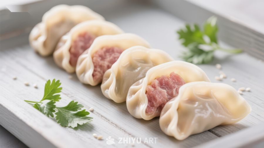 鲜美饺子排列整齐，点缀香菜