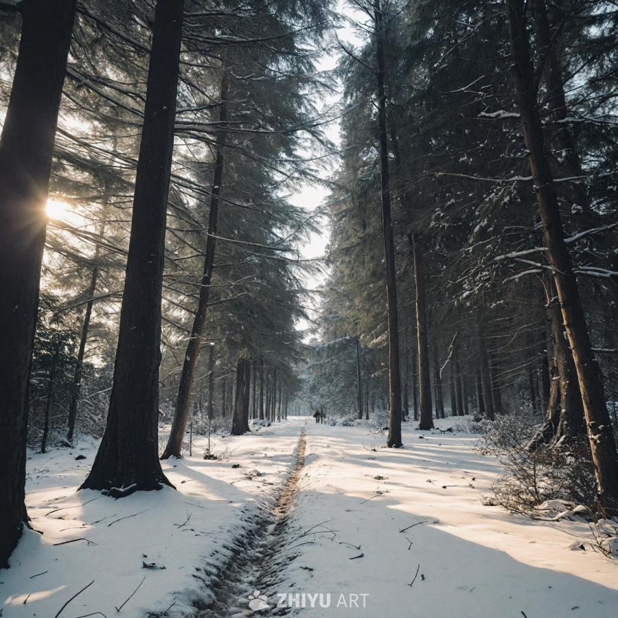 雪覆盖的森林中，一条小路穿过树林。 小路两侧是高大