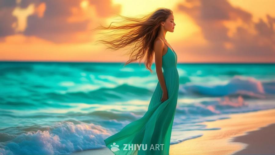 海滩上站着一位穿着绿色连衣裙的女子。她的头发在风中