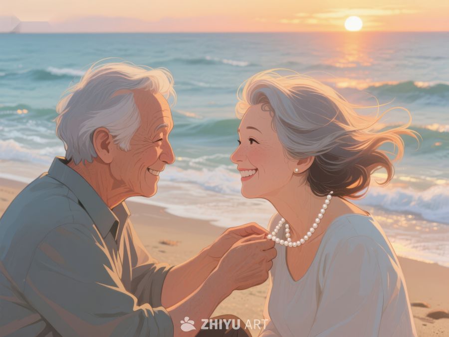 海边夕阳下，老人为伴侣佩戴珍珠项链 223