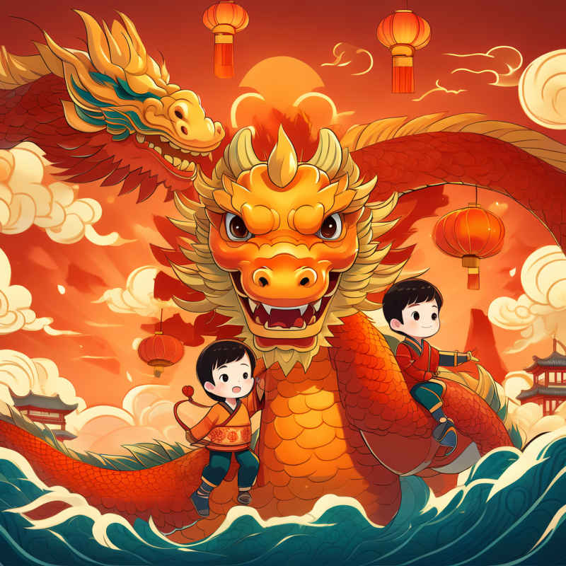 小孩骑着中国龙，中国龙年新年插画 5