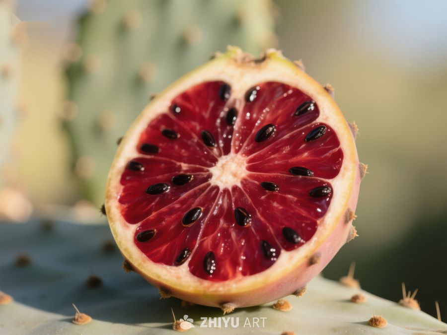 切开的仙人掌果，展示鲜艳红色果肉 276