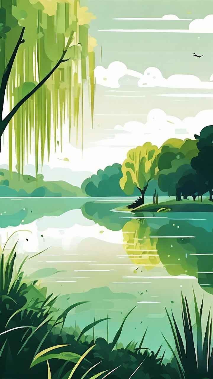河边柳树插画风景图 20