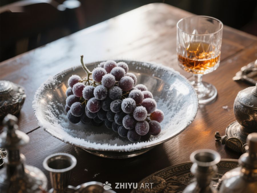霜冻葡萄与酒杯的静物组合 545