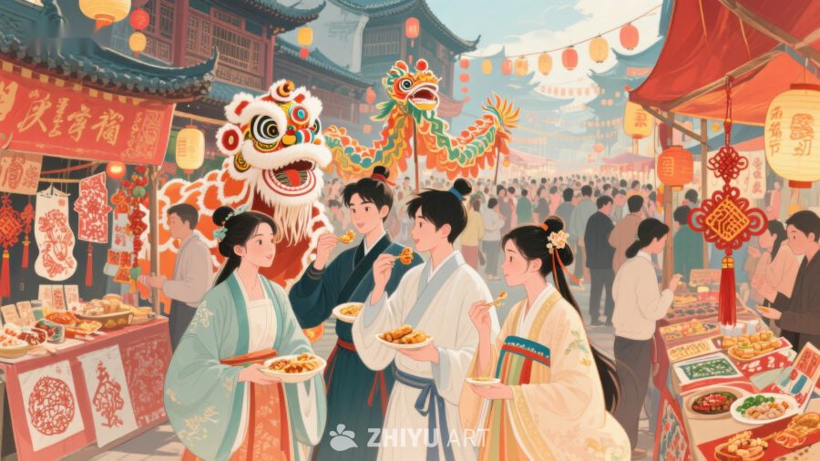 热闹春节集市，传统舞狮表演 753