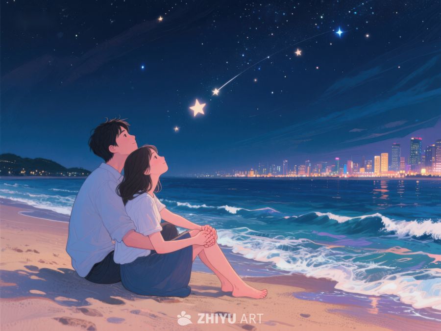 海边夜景下的情侣仰望星空 270