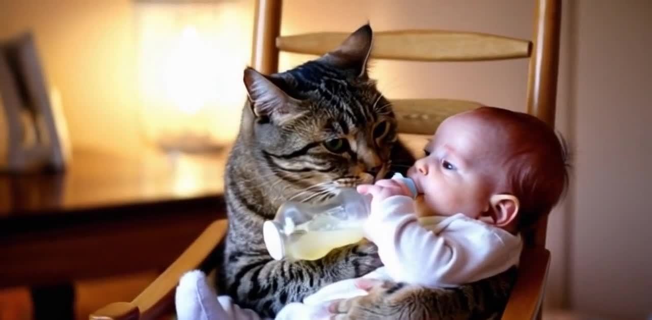 一只猫咪和一个婴儿坐在摇椅上。猫咪用前爪抱着一个奶