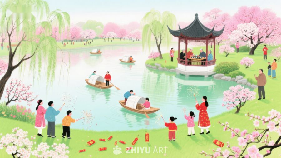 湖畔春景：游人划船赏花 333