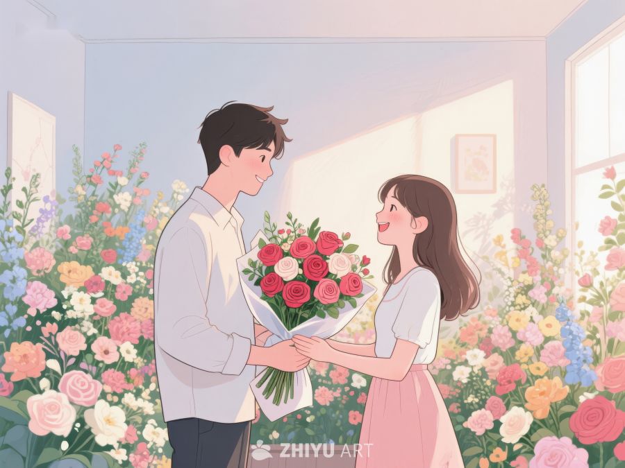 花店中温馨的花束传递 314