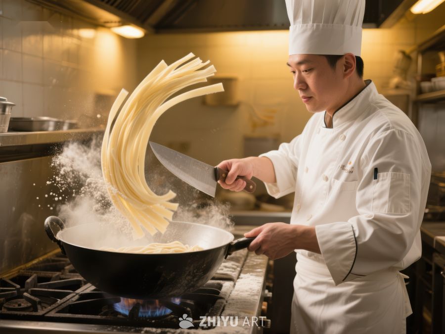 厨师挥刀抛洒面条，厨房热火朝天 64