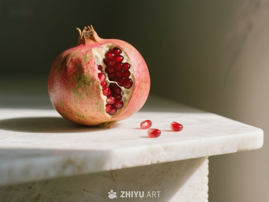 切开的石榴置于大理石台面 432