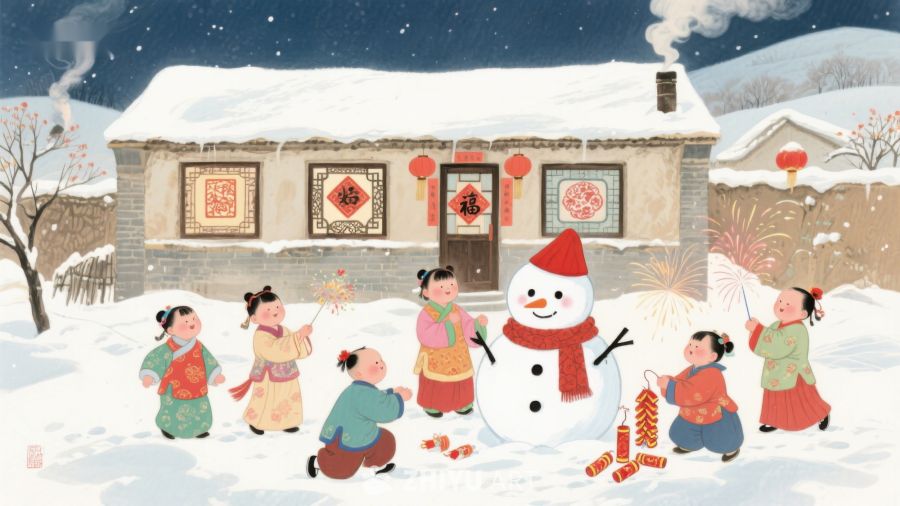 冬日雪景中孩子们堆雪人放鞭炮 178