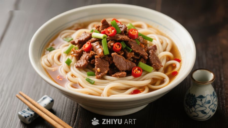 牛肉面配红椒与青葱