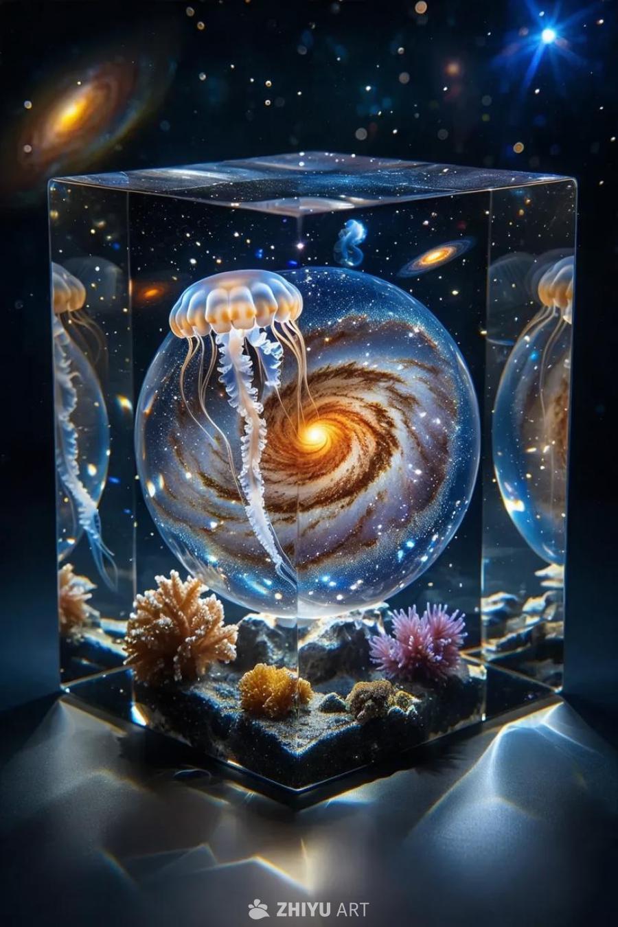 一个树脂方块内呈现着科幻宇宙场景，可见一个类星体和