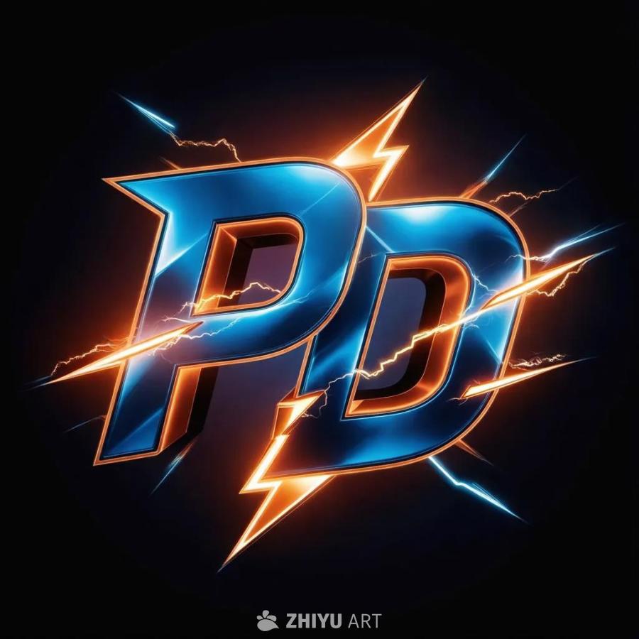 蓝色的3D立体字母“P”和“D”以倾斜的角度排列，