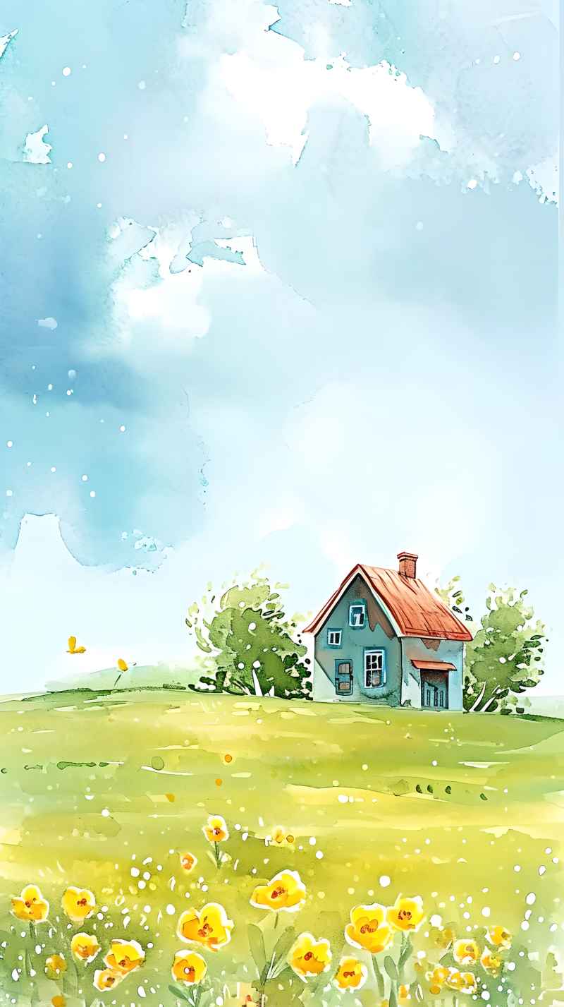 在绿色的田野里有黄色花朵的房子的水彩插图 9