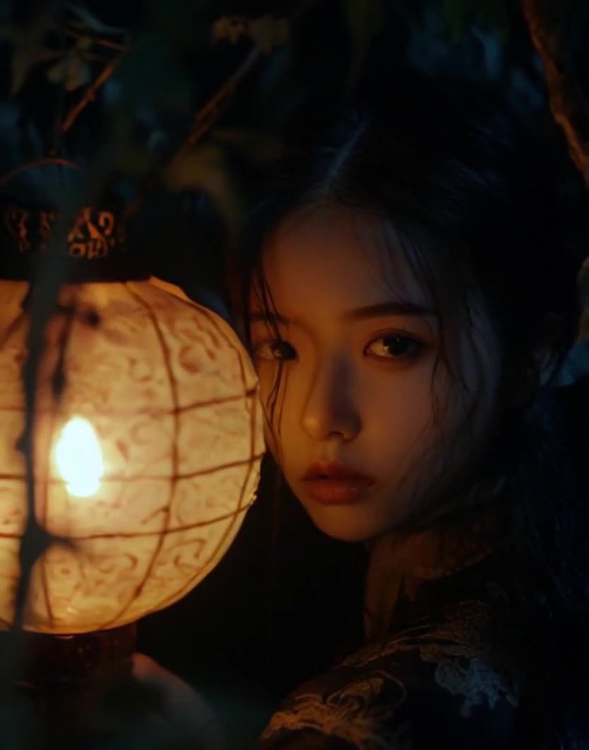 手持灯笼的女子，在昏暗中凝视远方