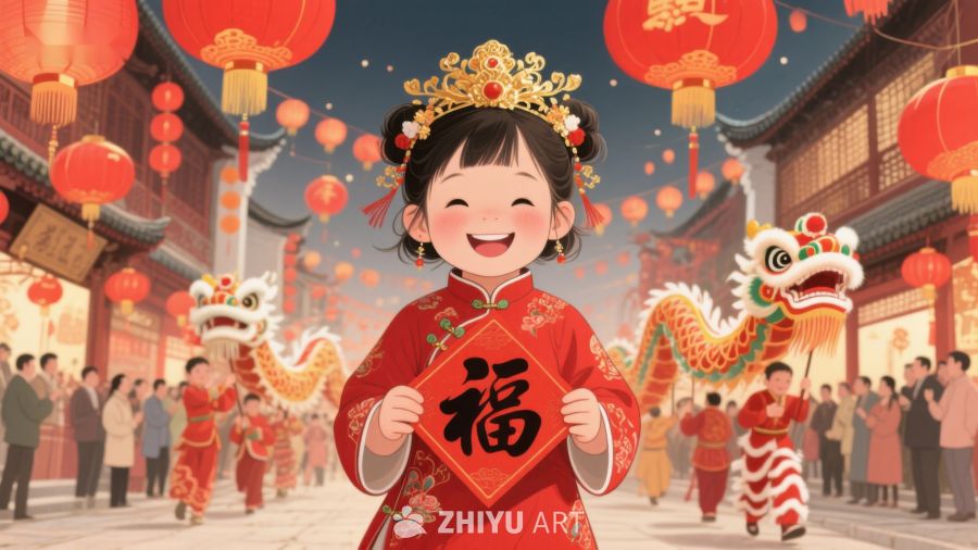 欢庆春节，小女孩手持福字 385