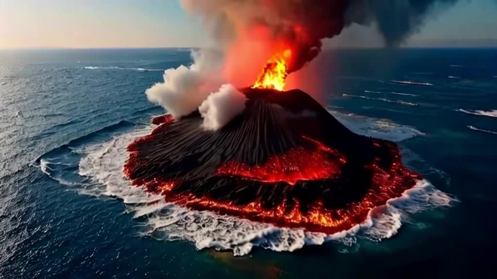 一个火山岛在海中喷发，岛屿上的黑色火山岩流淌着红色