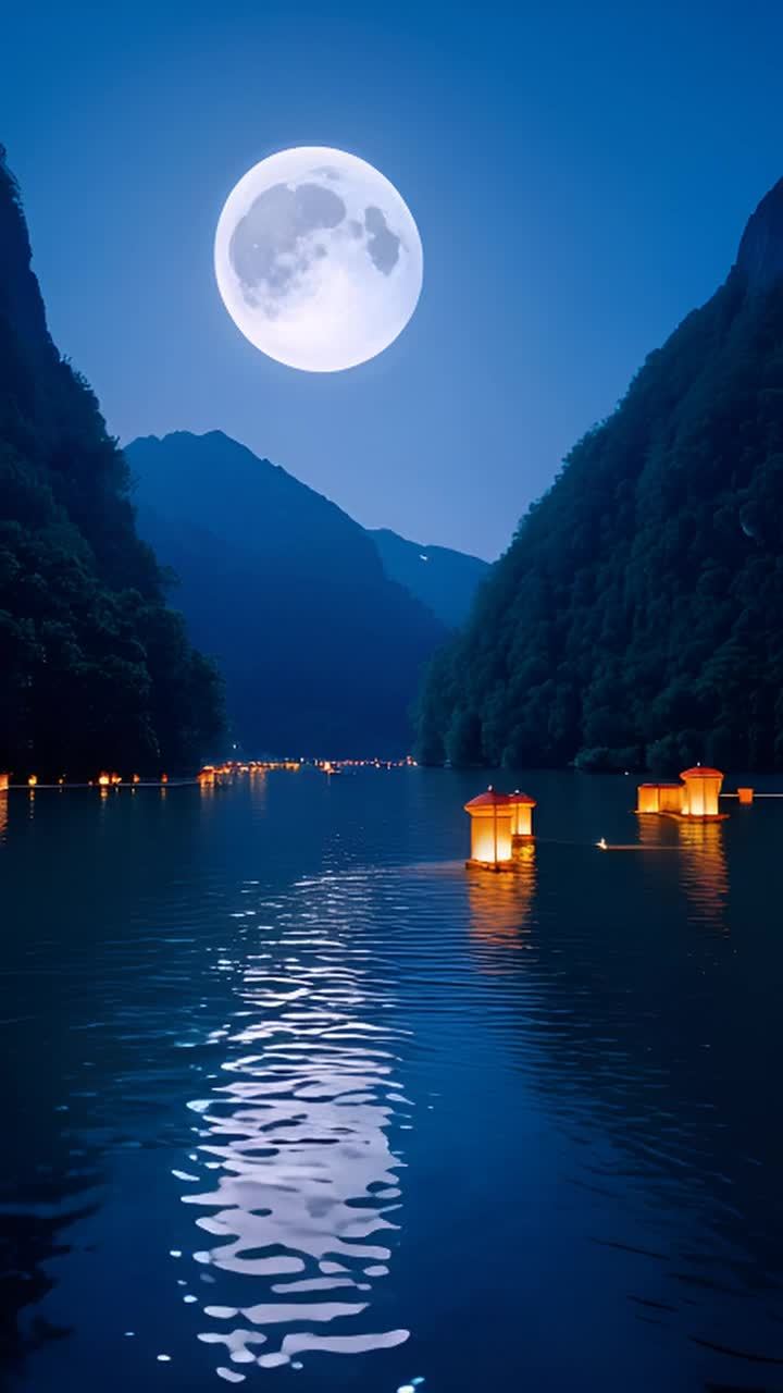 湖面平静，四周被茂密的树木覆盖着山脉。明月皎洁地照
