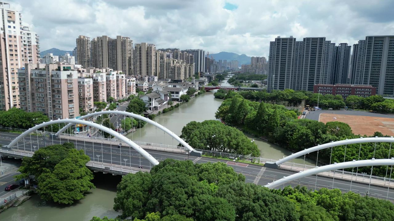 航拍温州南塘文化旅游区南塘大桥