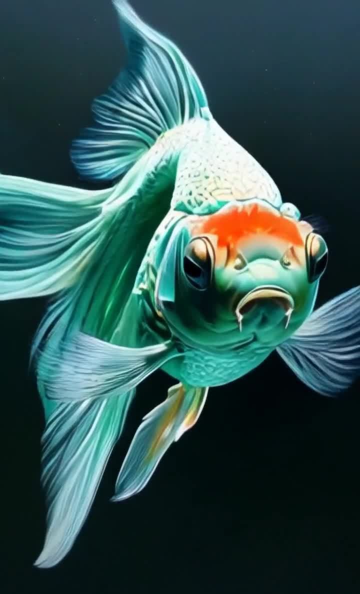 一条金鱼，鱼身呈现绿色，头部为橘红色。鱼鳍为蓝绿色