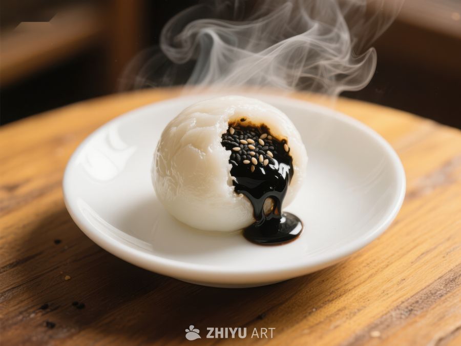 热腾腾的汤圆配芝麻酱