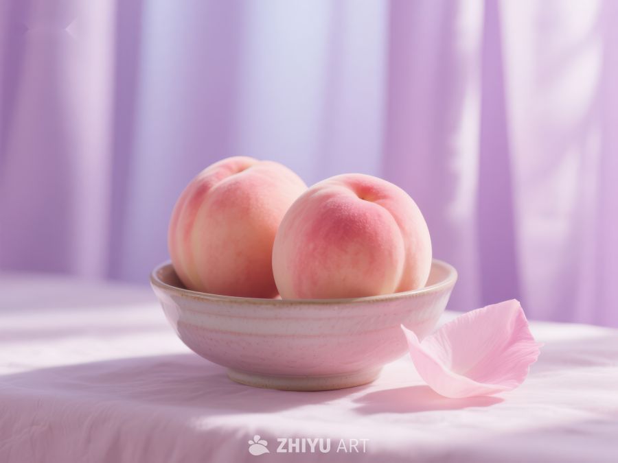 碗中新鲜桃子，柔和紫色背景 446