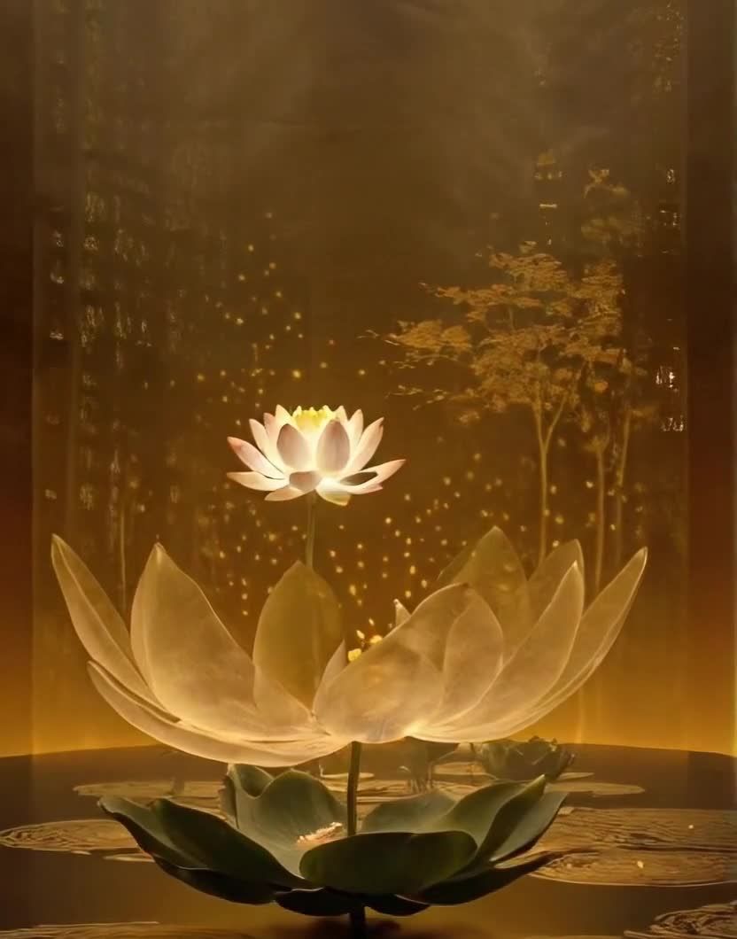 金色背景下的莲花绽放与光点 书法树木