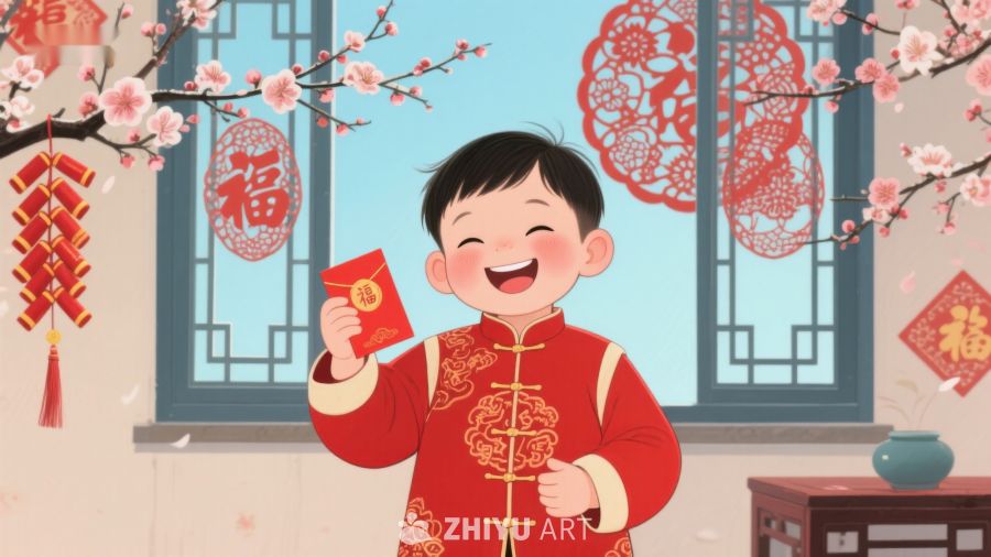 小男孩手持红包庆祝春节 952